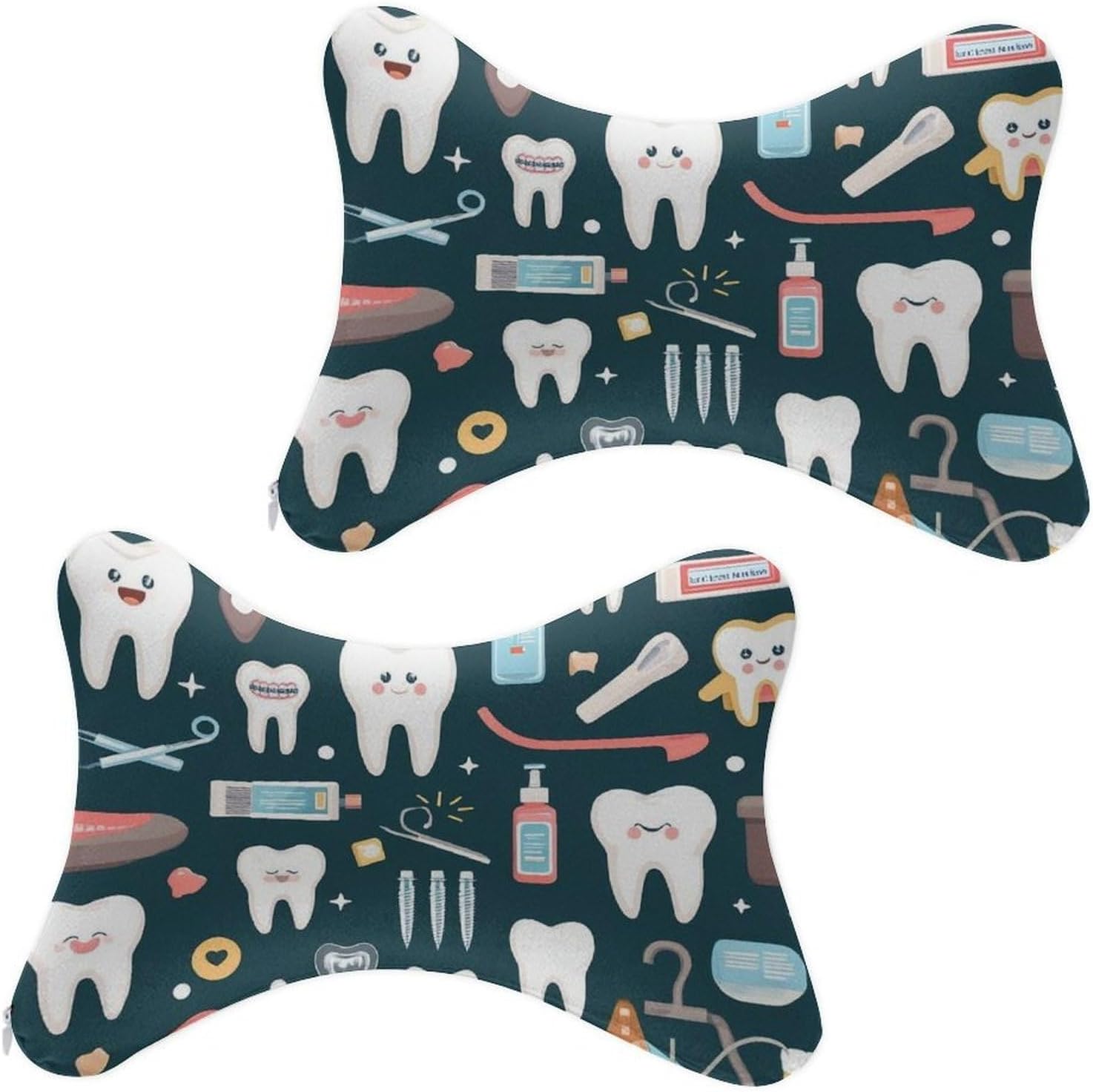 Supdreamc 2Pcs Teeth Dental Dentist Art Car Seat Neck Pillow Ergonomic Design, Comfortable Soft Memory Foam Car Seat Neck Rest Cushion Pillow for Driving Travel Car