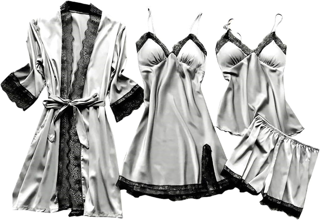 Pajamas for Women 4 Piece Robe Babydoll Lingerie Satin Sleepwear Nightdress Lace Trim Loungewear Sexy Nightgowns
