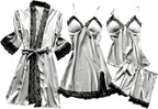 Pajamas for Women 4 Piece Robe Babydoll Lingerie Satin Sleepwear Nightdress Lace Trim Loungewear Sexy Nightgowns
