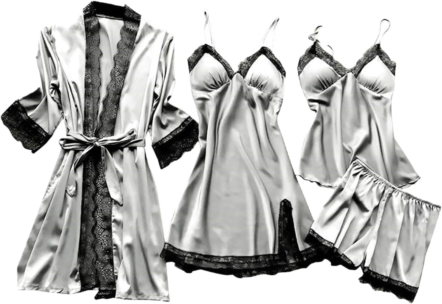 Pajamas for Women 4 Piece Robe Babydoll Lingerie Satin Sleepwear Nightdress Lace Trim Loungewear Sexy Nightgowns