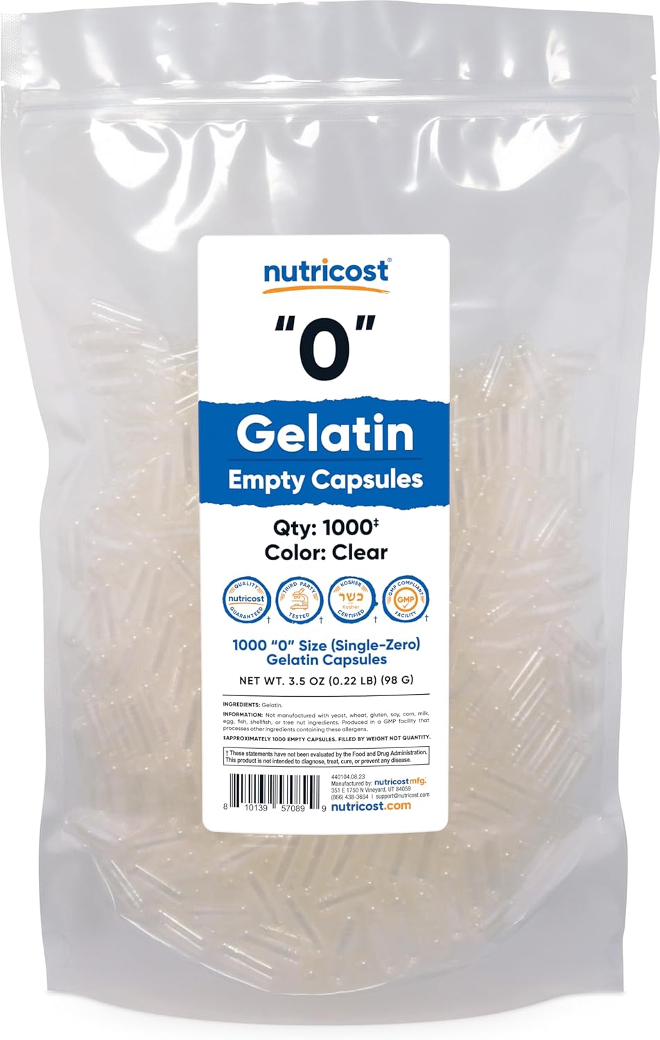 Nutricost Empty Capsules Gelatin Size (0) - 1,000 Clear Empty Gel Capsules - Kosher, Non-GMO, Soy Free, Gluten Free, GMP Compliant
