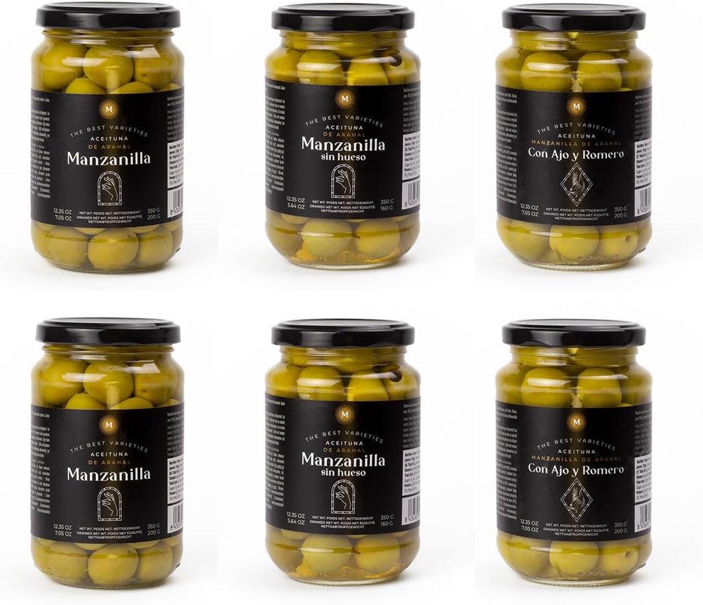 Triana Olivas by Don Gastronom. Manzanilla Olives sampler. Pitted, Whole, and Whole with Rosemary & Garlic. 350g (12.35oz) jars. Pack of 6 (two of each).