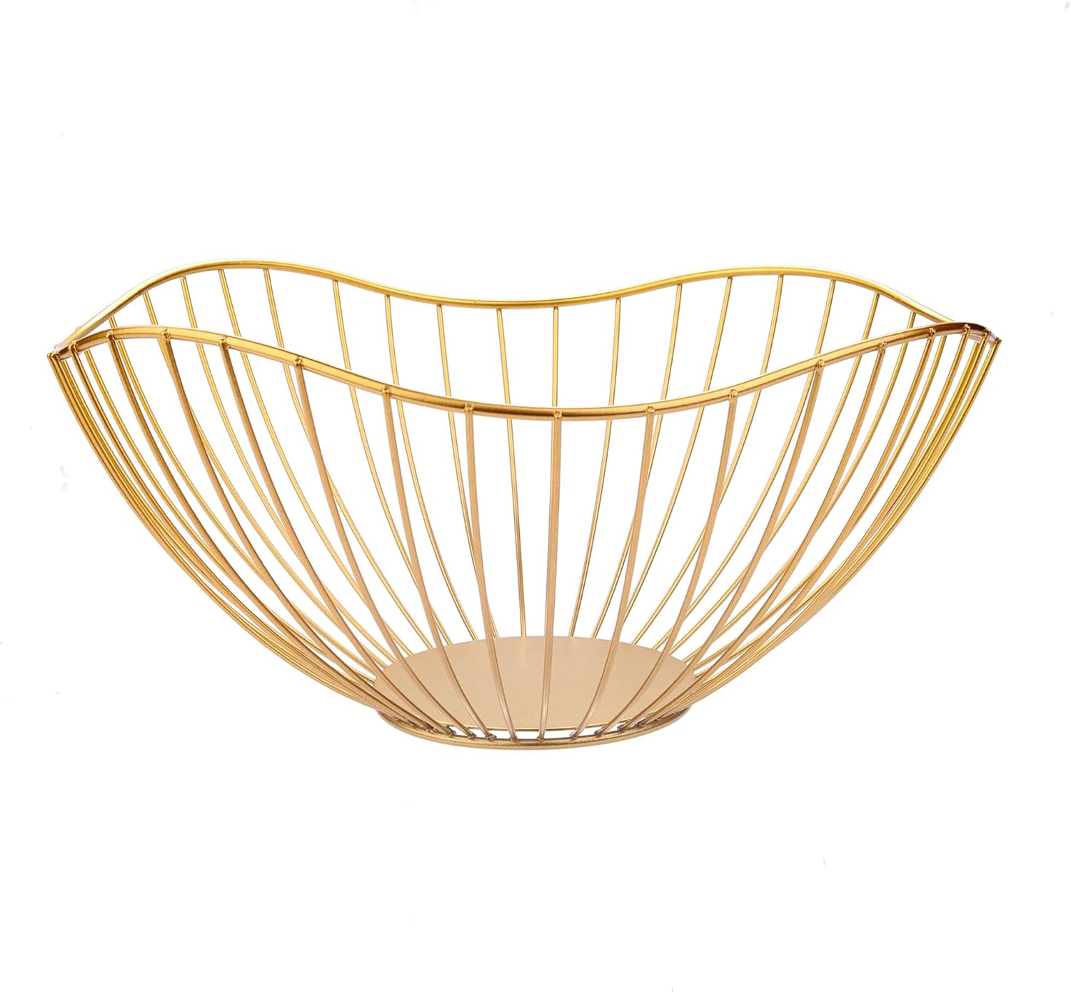 IBWell High Style Curved-Edge Modern Creative Stylish Single Tier Dish,Metal Iron Wire Fruit Vegetables Bread Decorative Stand Serving Bowls Basket Holder (Gold)