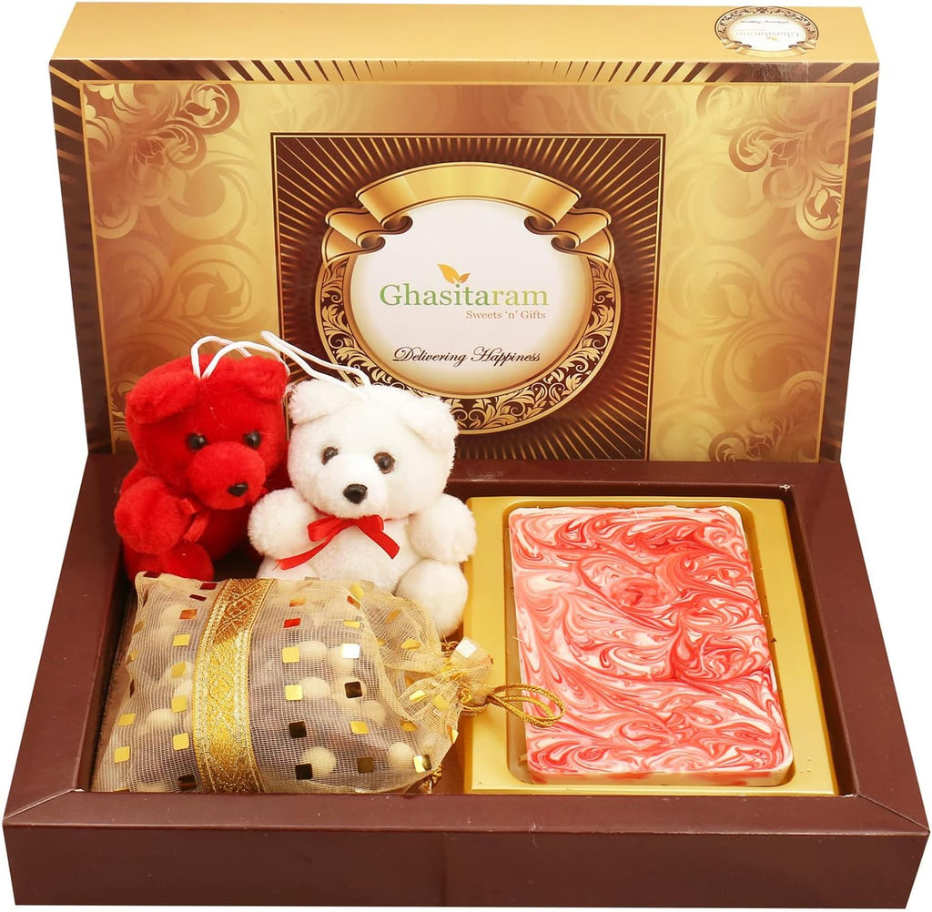 Ghasitaram Gifts Valentines Gift Valentines Day Chocolates for Girlfriend/Boyfriend/Husband and Wife Valentines Chocolate Hamper Marble Chocolate Bark Big with Teddies and Nutties