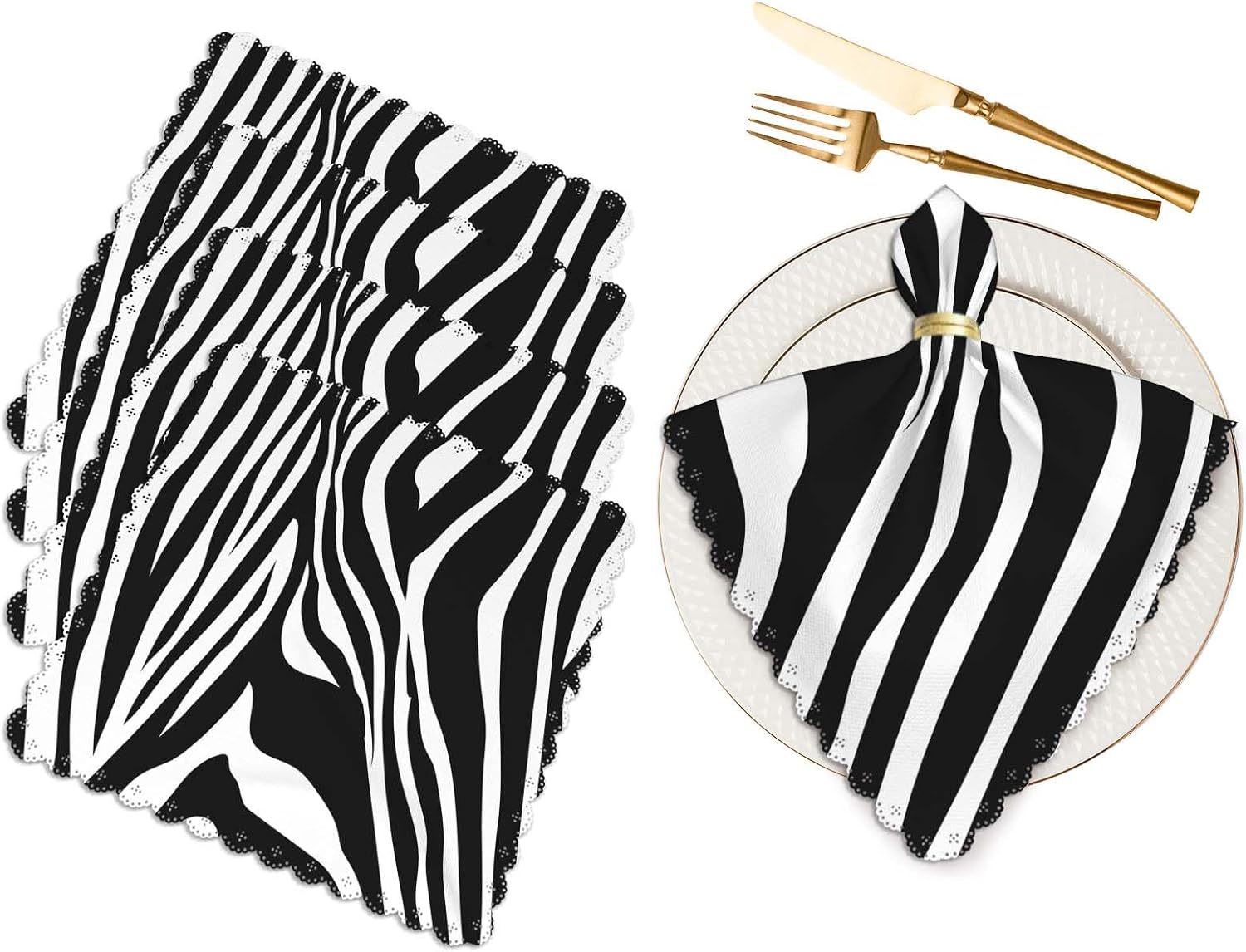 Zebra Stripes Black Table Napkins Cloth Set of 4 Soft Animal Skin Texture Art Pattern Washable and Reusable Dinner Napkins for KitchenWeddings Parties 18 x 18 inch