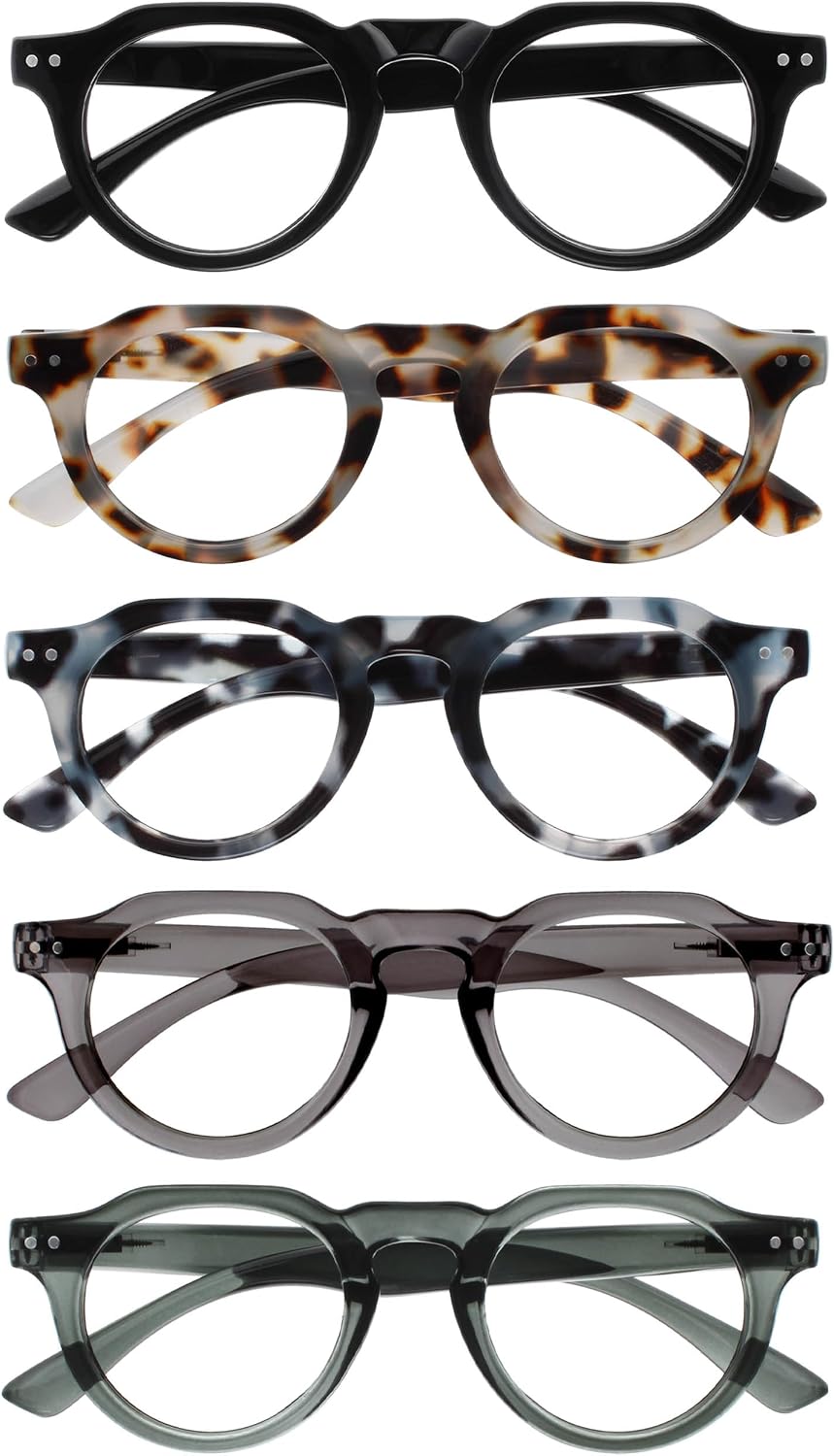 OPULIZE RIO Reading Glasses with Blue Light Blocking for Women and Men, Flat Top Frame with Spring Hinges, Computer gaming glasses, Black,Brown Tort,Blue Tort,Green,Mid Grey +2 (Pack of 5)
