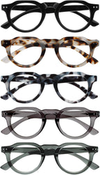 OPULIZE RIO Reading Glasses with Blue Light Blocking for Women and Men, Flat Top Frame with Spring Hinges, Computer gaming glasses, Black,Brown Tort,Blue Tort,Green,Mid Grey +2 (Pack of 5)