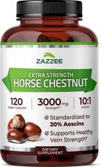 Zazzee Extra Strength Horse Chestnut 10:1 Extract, 20% Aescins, 120 Vegan Capsules, 4 Month Supply, Aesculus Hippocastanum, Healthy Circulation & Blood Flow Support, Non-GMO, Made in the USA