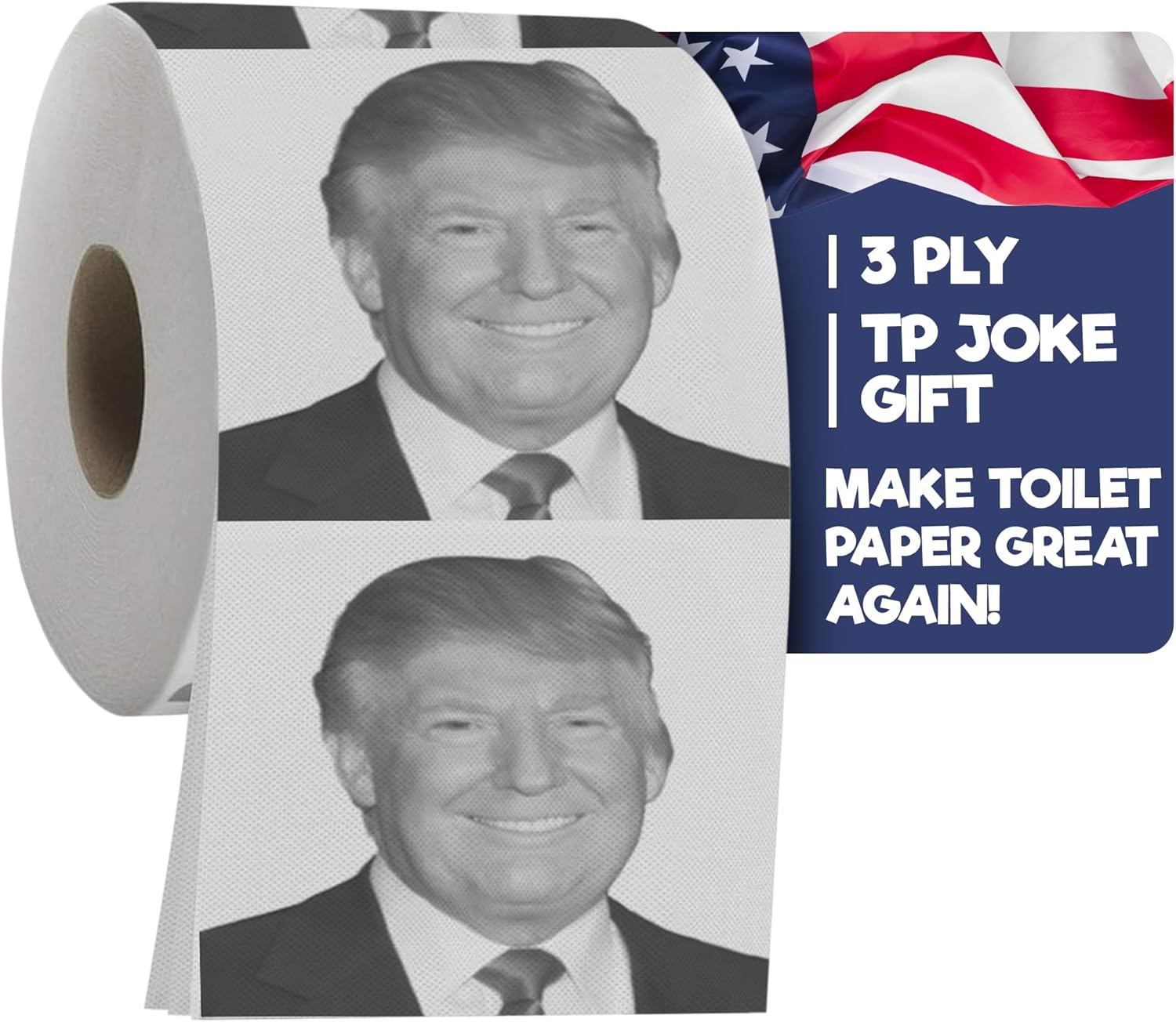 Gagster Donald Trump Toilet Paper Roll - 3 Ply Funny Novelty Bathroom Tissue Gag - 200 Sheets Per Roll - Joke Gifts - Prank Gift for Adults Black and White Printed Sheets - Make Your Butt Laugh
