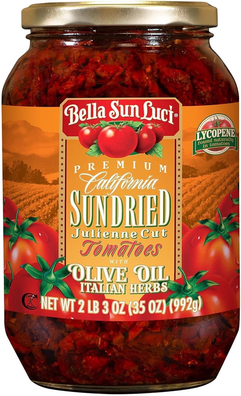 Bella Sun Luci Sun Dried Tomatoes Julienne Cut in Olive Oil, 35 Oz Glass Jar, Mediterranean Italian Style Sun-Ripened Tomatoes, Kosher, Vegan, Gluten-Free, Premium Pantry Ingredient for Pasta, Pizza & Salads