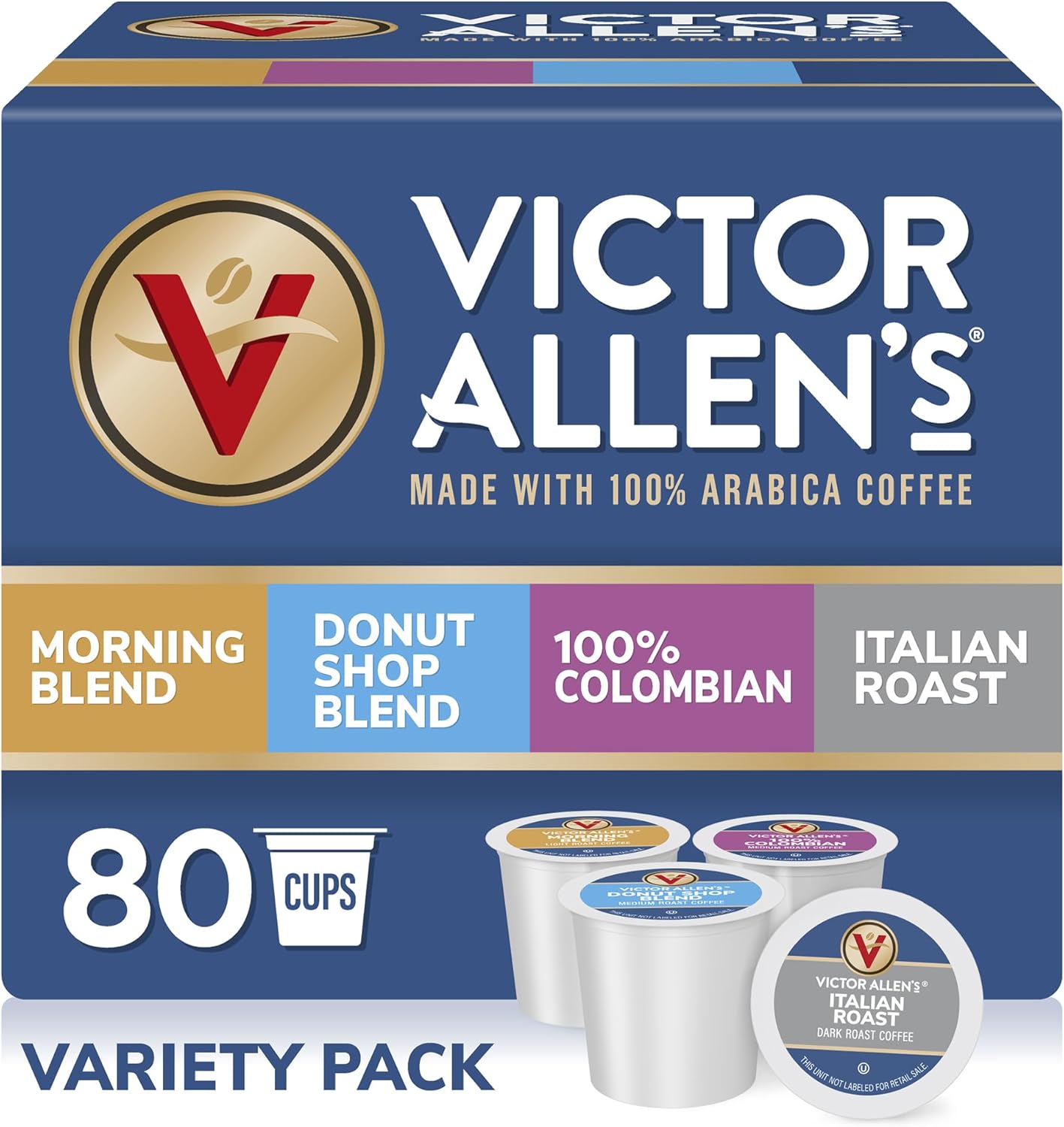 Victor Allen's Coffee Variety Pack (Morning Blend, 100% Colombian, Donut Shop Blend, and Italian Roast), 80 Count, Single Serve Coffee Pods for Keurig K-Cup Brewers