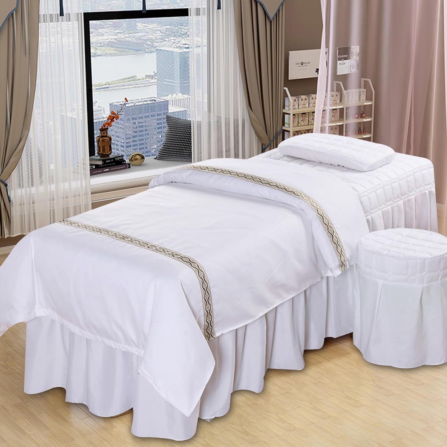 White Massage Bed Sheet Set 6 Pcs with Bed Skirt, 185x70cm Salon Bedding Set Includes Quilt Cover Pillow Case Stool Cover Free Filler, Spa Bedding for Massage Beauty Shop