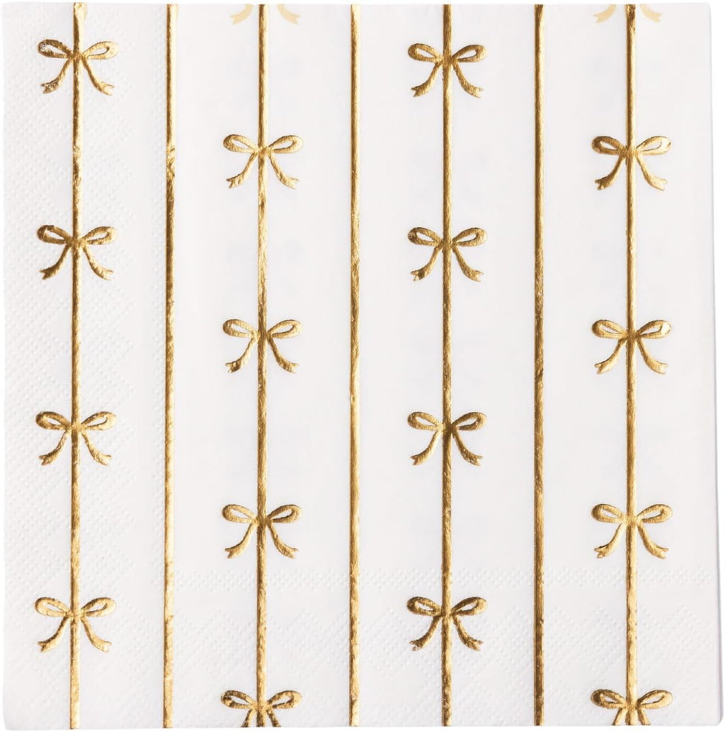 Bonjour Fête Gold Signature Bow Large Paper Napkins | 3-Ply Lunch Napkins for Birthdays & Holidays | Premium Gold Foil Disposable Tableware | White & Gold Decor | Pack of 20, 6.5" Folded
