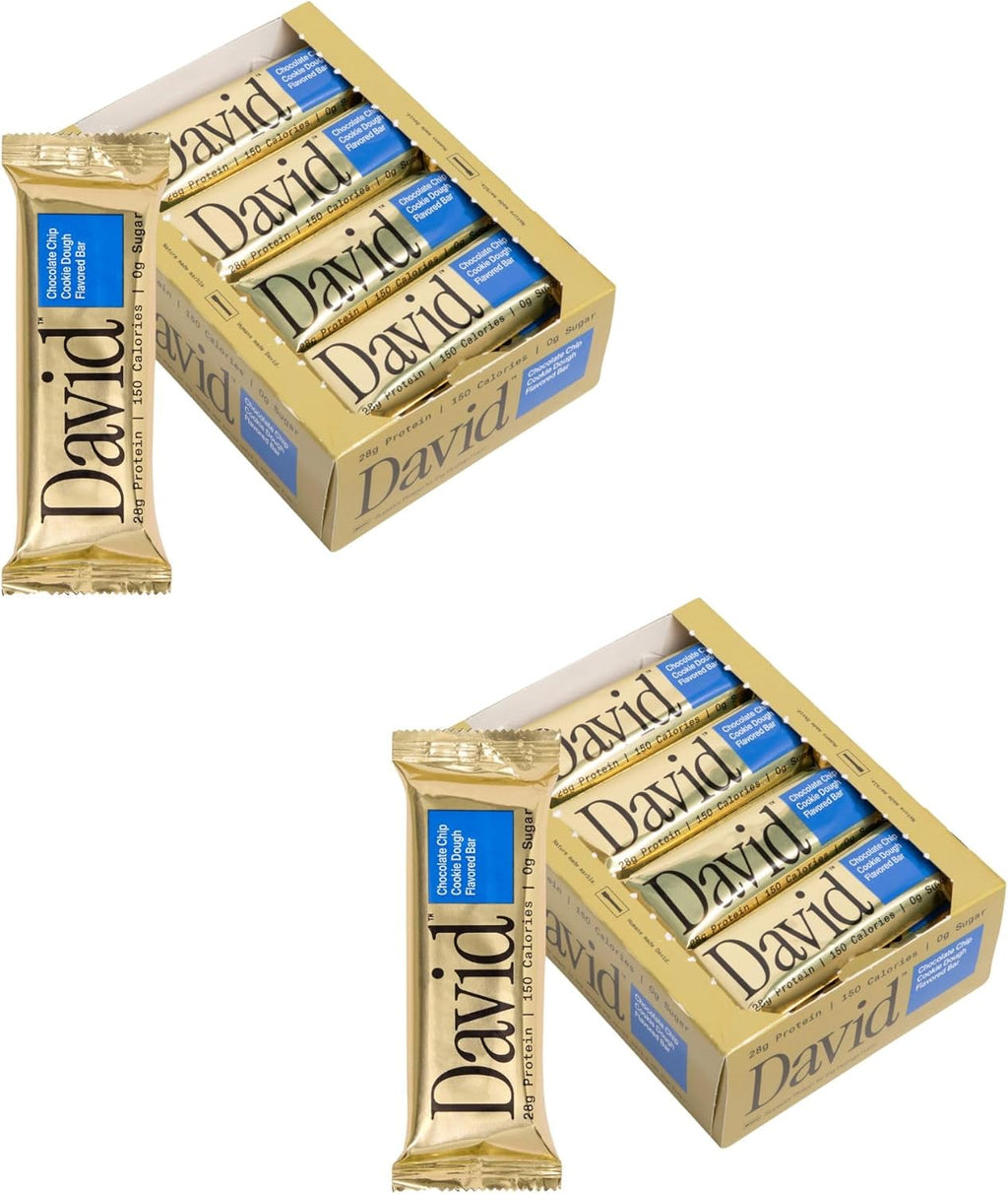 David Protein Bar, Chocolate Chip Cookie Dough, 24 Protein Bars | 28g of Protein | 150 Calories | 0g of Sugar - High Protein, Low Carb, Gluten Free Protein Bar, Pack of 24
