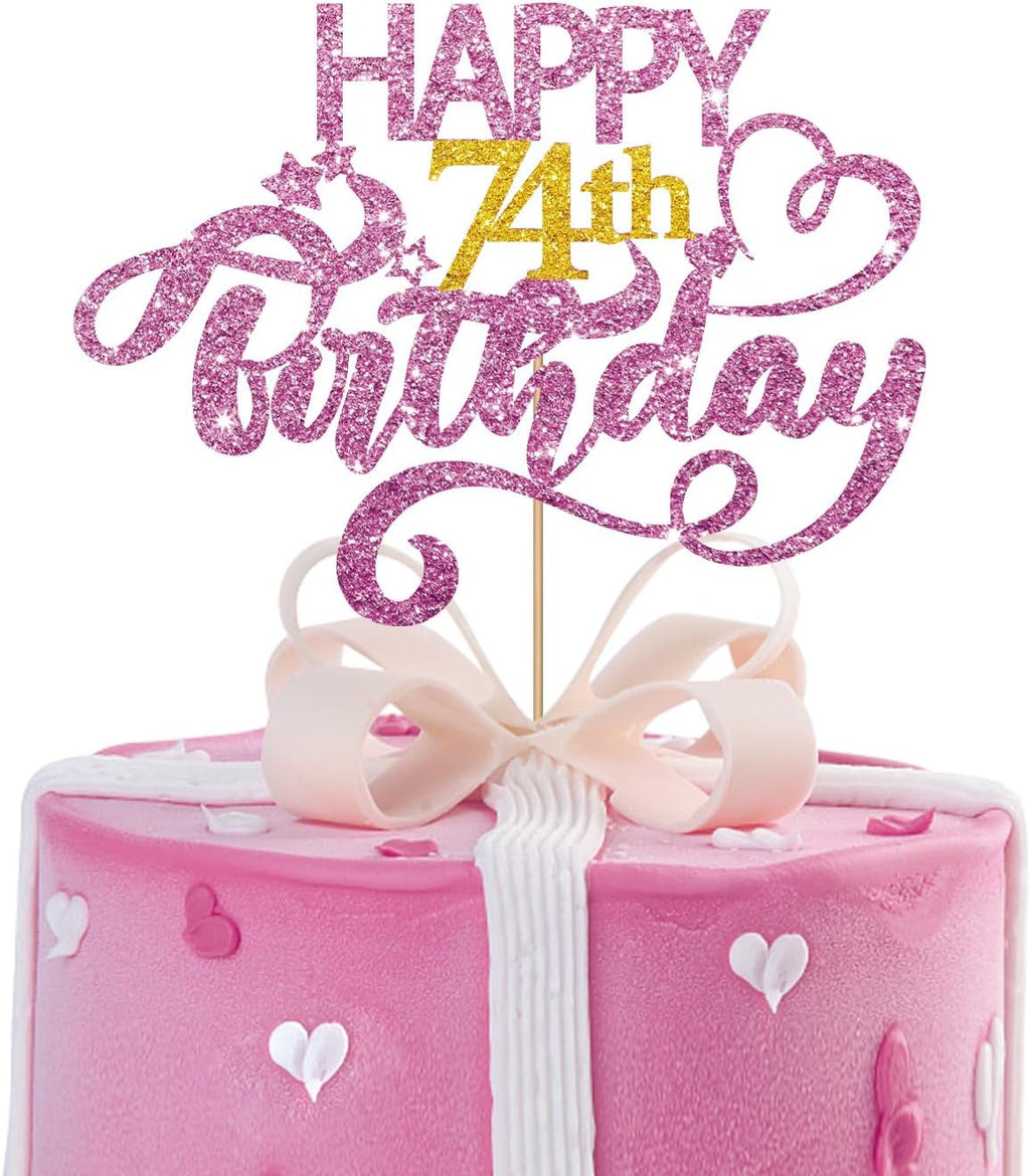 Pink Glitter Happy 74th Birthday Cake Topper, 1 x 6.3" x 3.5" Pink Glitter Cardboard & Wooden Stick, Perfect for Birthday & Anniversary Parties