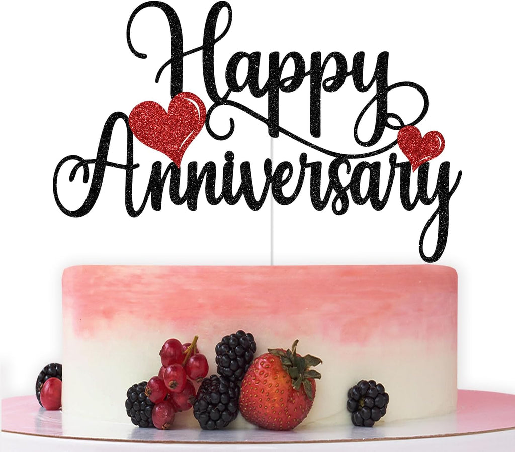 Happy Anniversary Cake Topper, Wedding Anniversary Cake Decorations, Birthday Wedding Anniversary Party Decoration Supplies, Black and Red Glitter