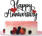 Happy Anniversary Cake Topper, Wedding Anniversary Cake Decorations, Birthday Wedding Anniversary Party Decoration Supplies, Black and Red Glitter
