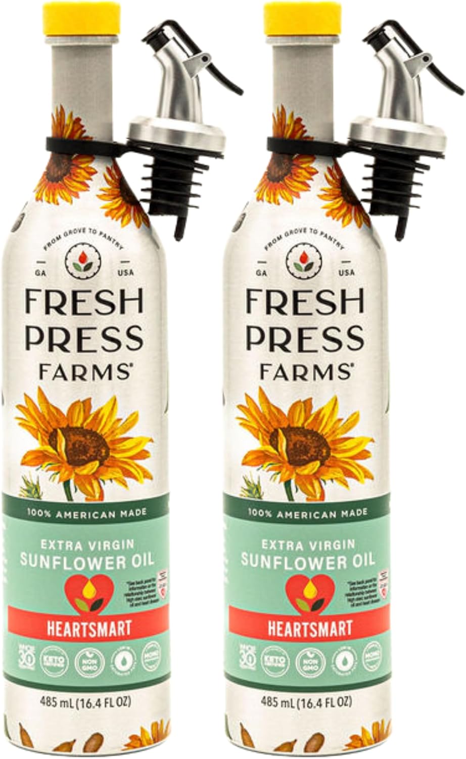 Fresh Press Farms Cold Pressed Extra Virgin Sunflower Oil, 16.4 Fl Oz (Pack of 2), High Oleic, Georgia Grown, 100% American Made, Unrefined, Certified Whole30, Non-GMO, Keto, Paleo, Gluten Free