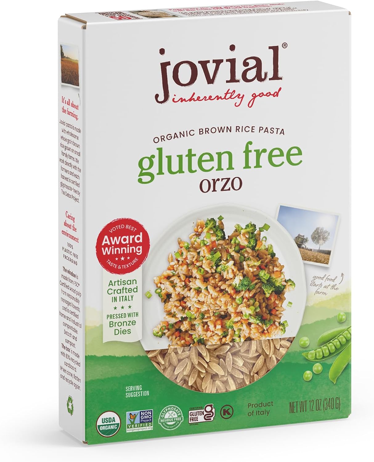 Jovial Organic Brown Rice Orzo Pasta - Gluten Free Whole Grain Orzo, Dairy Free, Made with 2 Ingredients, Non GMO, Artisan Crafted in Italy - 12 Oz