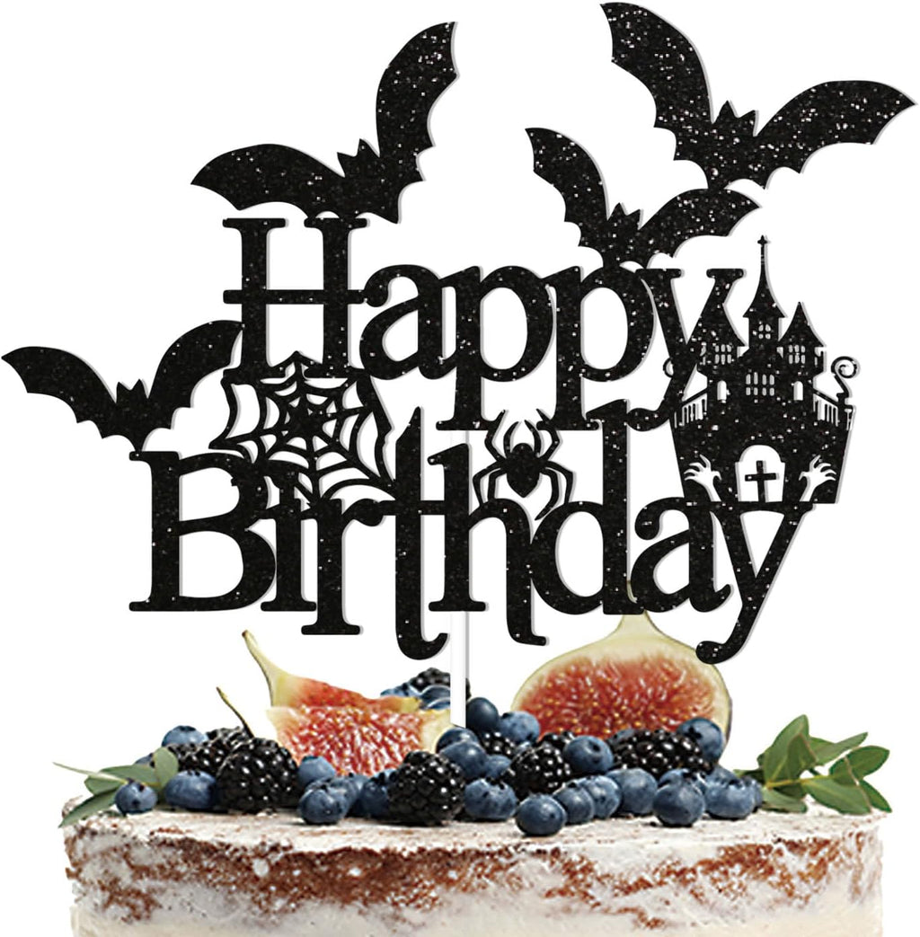 Bat Happy Birthday Cake Topper - Halloween Birthday Cake Decorations, Spooky Haunted House Bday Cake Topper, Happy Halloween Cake Decor Black Glitter