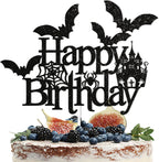 Bat Happy Birthday Cake Topper - Halloween Birthday Cake Decorations, Spooky Haunted House Bday Cake Topper, Happy Halloween Cake Decor Black Glitter