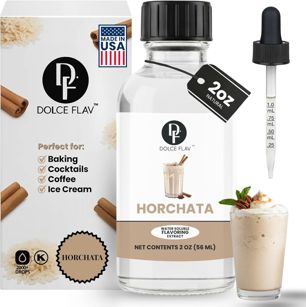 Dolce Flav Natural Horchata Extract, Water Soluble – 2 oz | Authentic Cinnamon Rice Flavoring for Baking, Desserts, Beverages & Syrups – Sugar Free, Kosher, Allergen Free