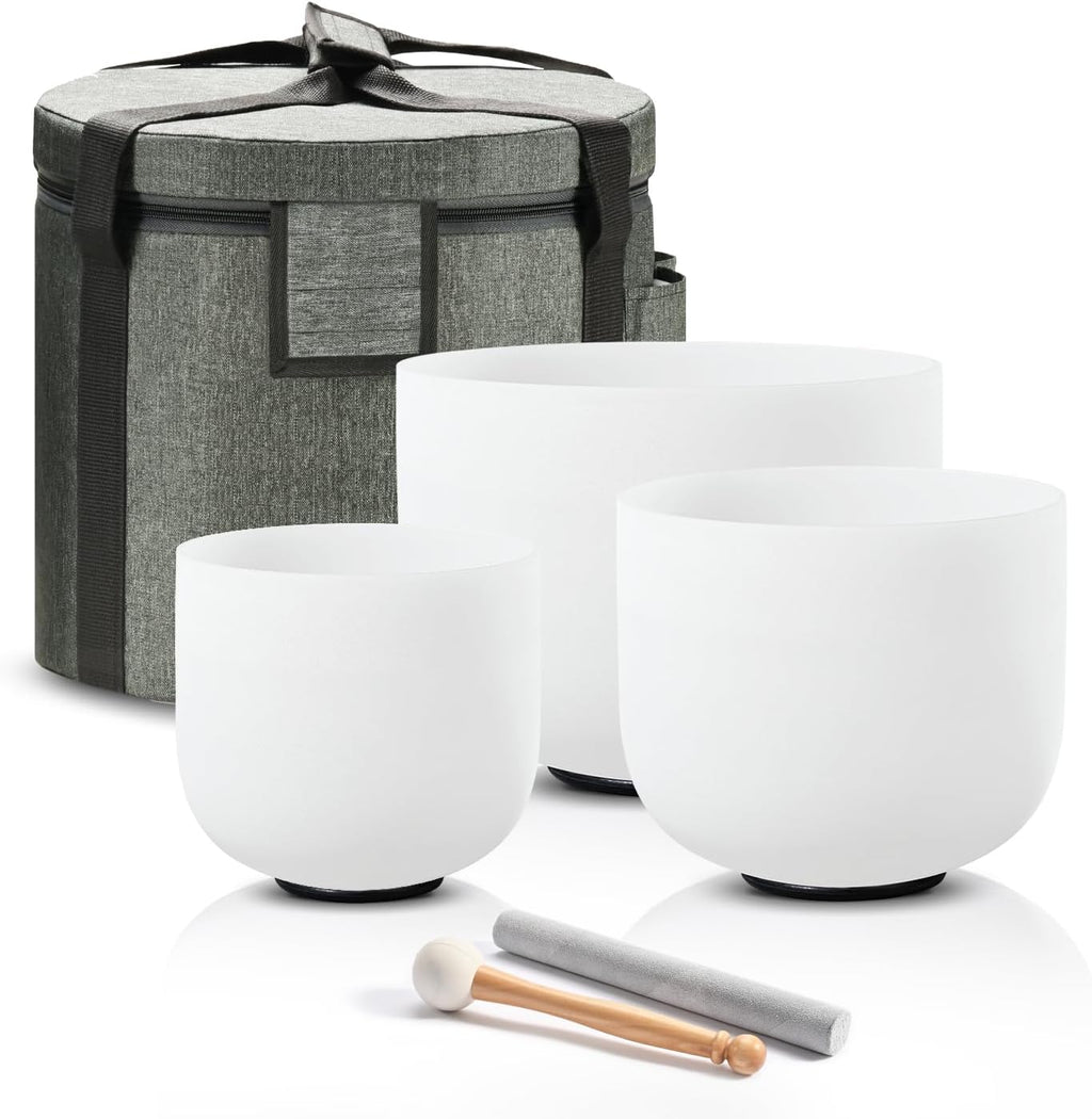 CVNC 432HZ 6"A Third-eye, 7"C Root, 8"F Heart Frosted Quartz Crystal Singing Bowl Chakra Set of 3 with Carry Case Bag for Sound Healing and Meditation