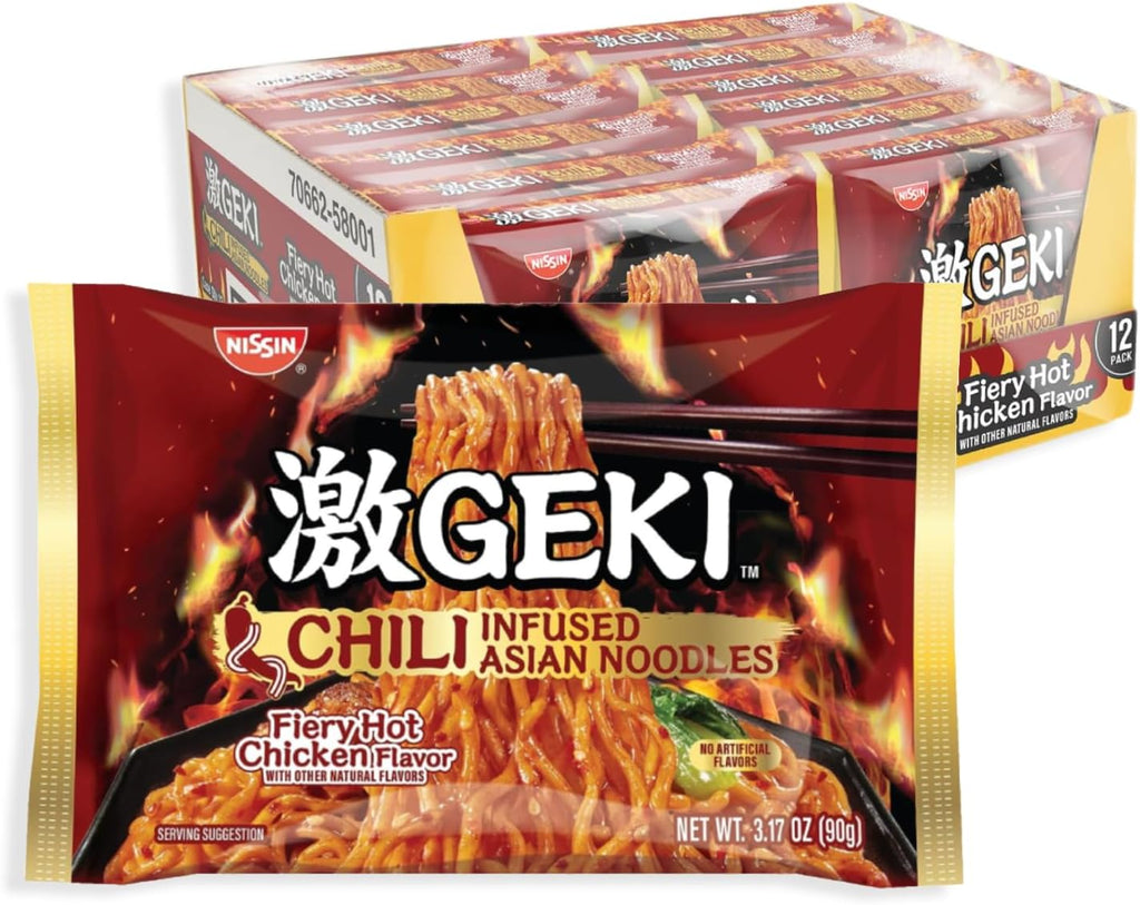 Nissin Geki Chili Infused Asian Noodles, Fiery Hot Chicken Flavor, 3.17 Ounce (Pack of 12)