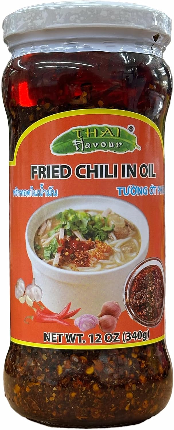 Thai Flavour Fried Chili in Oil, 12 oz, Spicy and Aromatic Chili Crisp Topping for All Foods