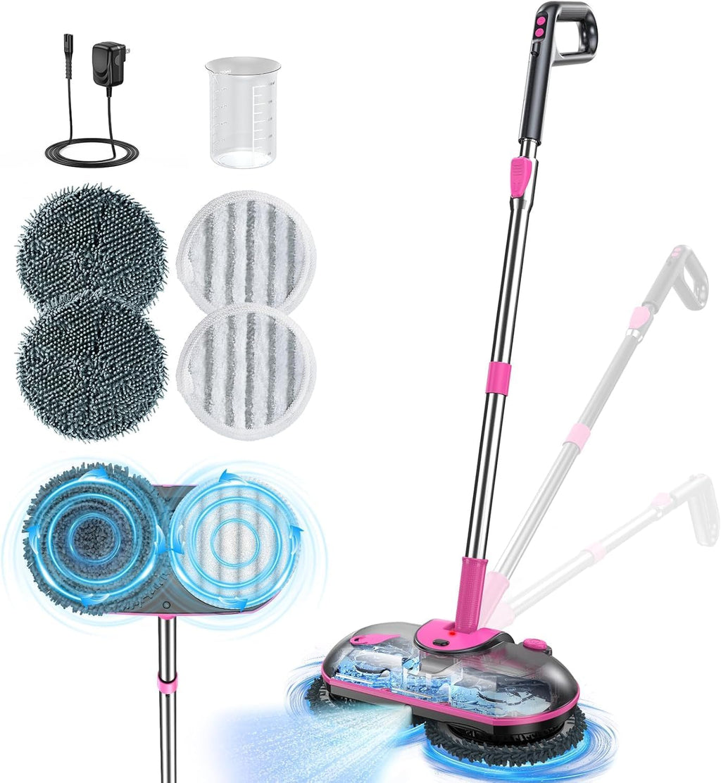 Cordless Electric Spin Mop with Water Sprayer, 300ml Tank Self-Propelled Floor Cleaner for Hardwood & Tile, Quiet Cleaning, Adjustable Handle, 2500mAh Long-Lasting Battery, Pink