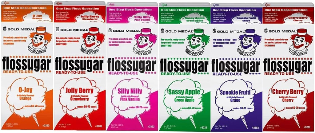 Cotton Candy Floss sugar Mix Flavors | Pack Of 6 | Orange, Strawberry, Silly Nilly, Green Apple, Grape, and Cherry Berry Flavors | 1/2 Gallon Cartons