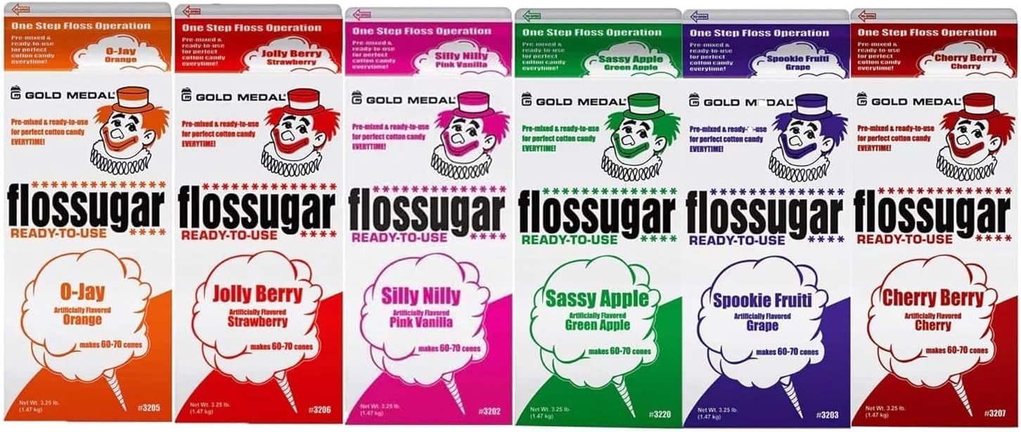 Cotton Candy Floss sugar Mix Flavors | Pack Of 6 | Orange, Strawberry, Silly Nilly, Green Apple, Grape, and Cherry Berry Flavors | 1/2 Gallon Cartons