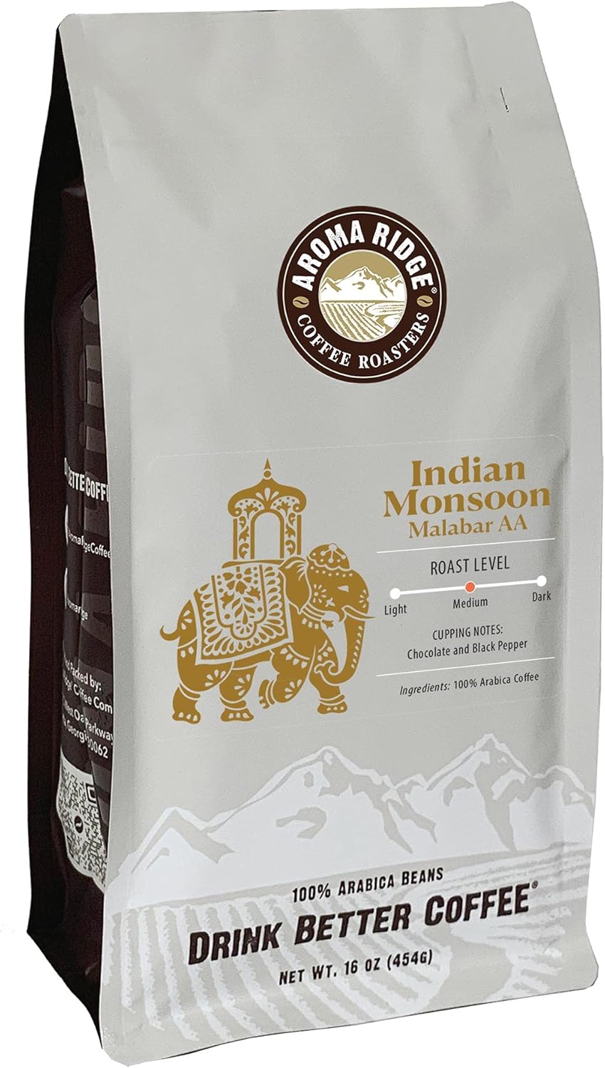Indian Monsoon Coffee, Malabar AA, Distinctly Low Acidity, 1lb (16ounce bag) Whole Beans, Vacuum Valve Bag for Freshness
