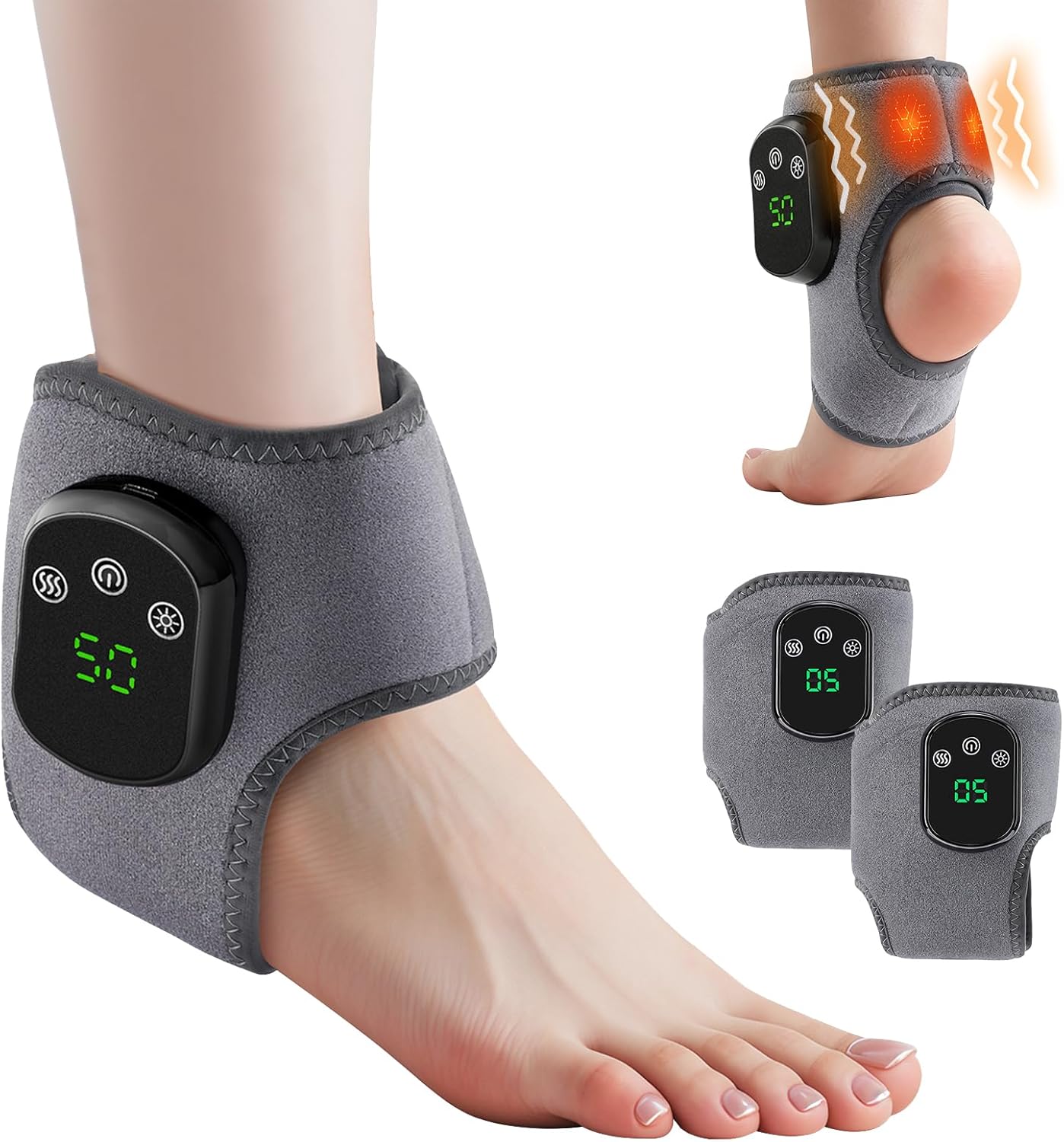 2PCS Ankle Massager for Pain Relief, Wireless Foot Massager for Circulation and Pain Relief Ankle Heating Pad with Massage Portable with 5-Level Heat & Vibration Adjustable, Smart Timer Touch Screen