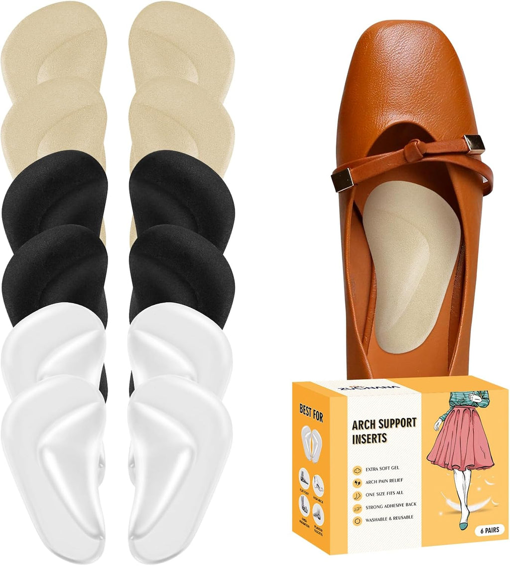 Arch Support Inserts for Women Flat Feet (12 Pieces), Soft Gel Arch Support Insoles for Plantar Fasciitis, Reusable Arch Pads for Foot Pain Relief, One Size Fits Any