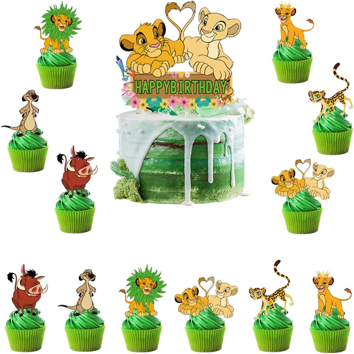25PCS Cupcake Toppers with 1 Happy Birthday Cake Topper, Cute Lion Cartoon Cake Toppers Themed Party Supplies, Perfect for Birthday Party Decorations