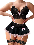 Foxiny Sexy Stocking Mini Skirt Wireless Mesh Lace Garter Lingerie with Thong Set 4 Pieces