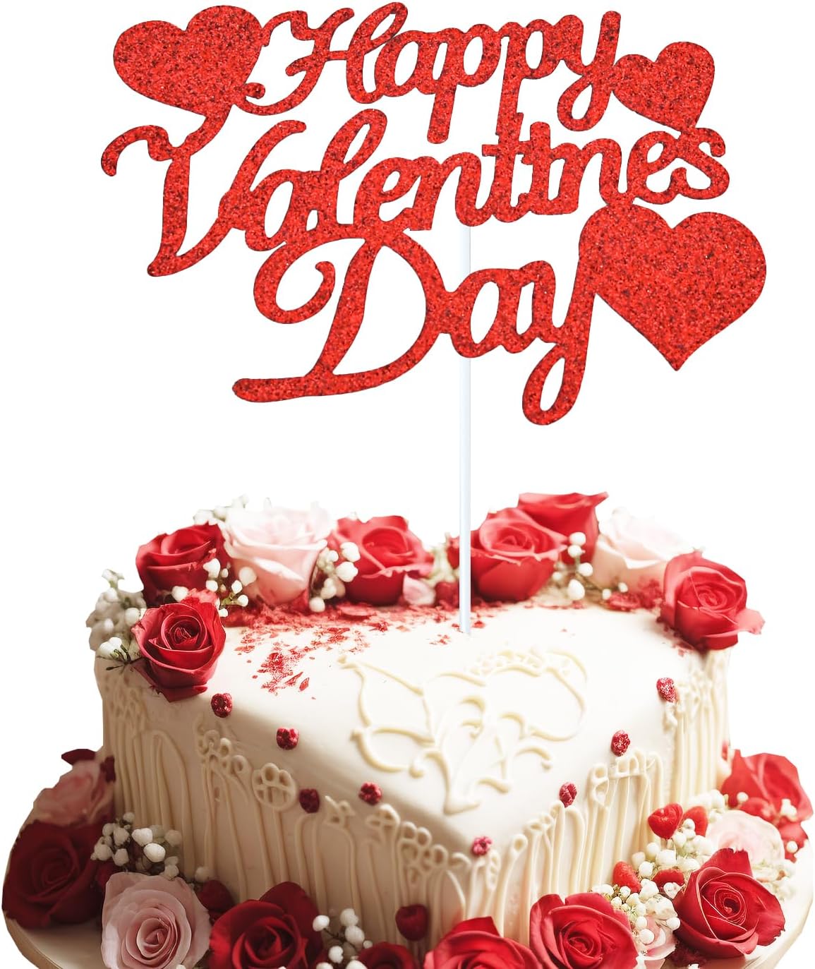 1Pcs Happy Valentine's Day Cake Topper, Glitter Cake Bunting Decor Sweet Love Be Mine Valentines Cake Picks for Valentine's Day Theme Party Decorations Supplies(Red)