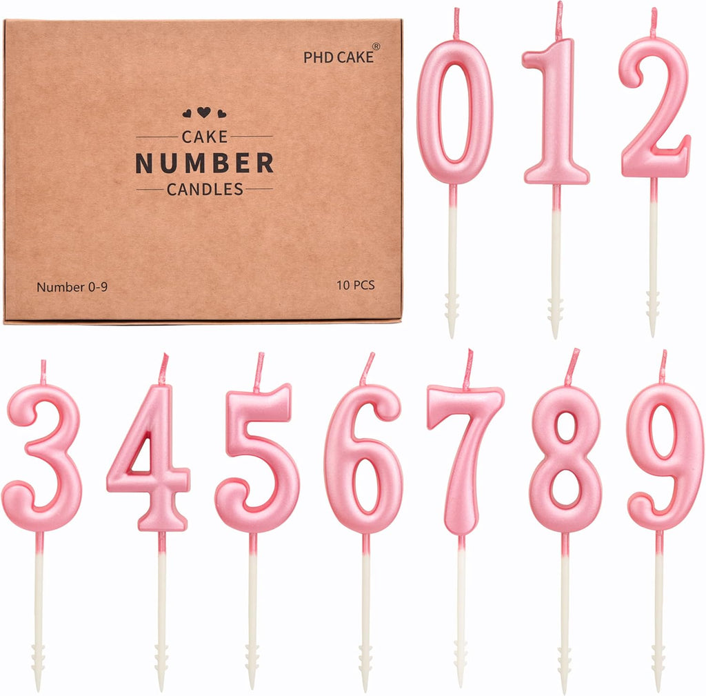 PHD CAKE 10-Pieces Pink Numeral Birthday Candles, Cake Numeral Candles Number 0-9 Glitter Cake Topper Decoration for Birthday,Wedding Anniversary,Party Celebration
