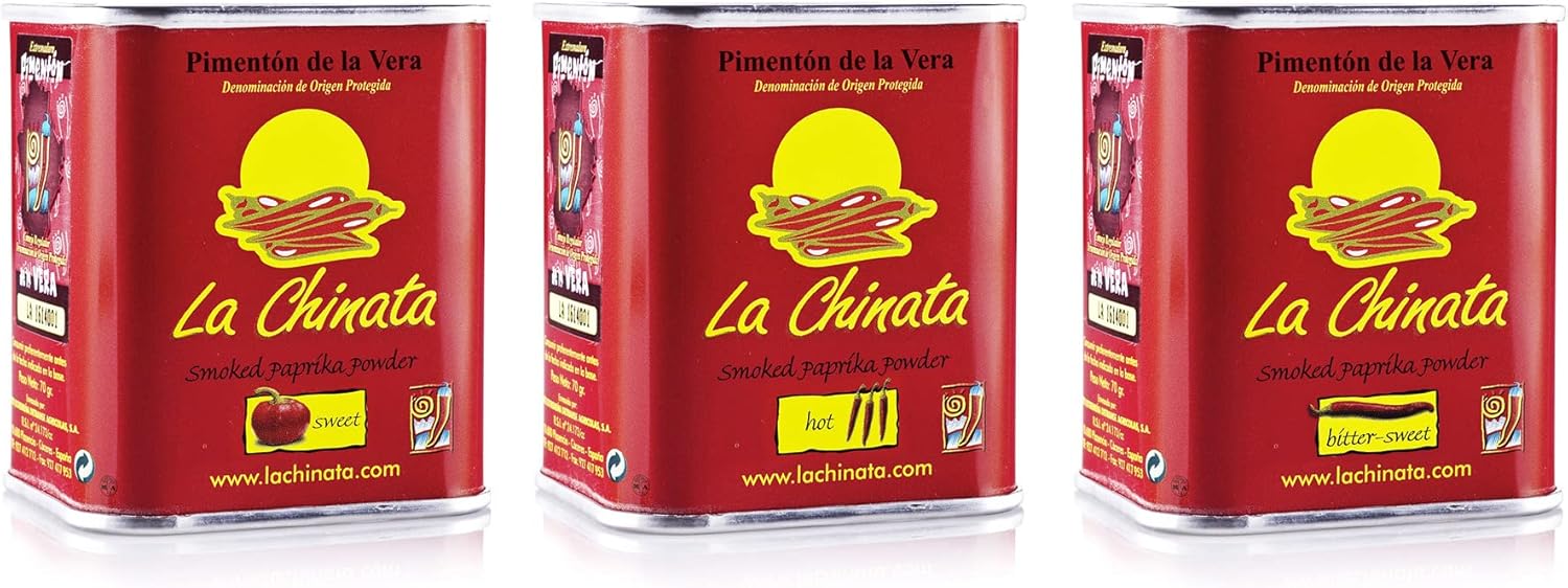 La Chinata. Smoked Paprika Powder. The three paprikas. Pack of 3 tins (1 Sweet, 1 Hot, 1 Bittersweet). 70g (2.47oz) each.