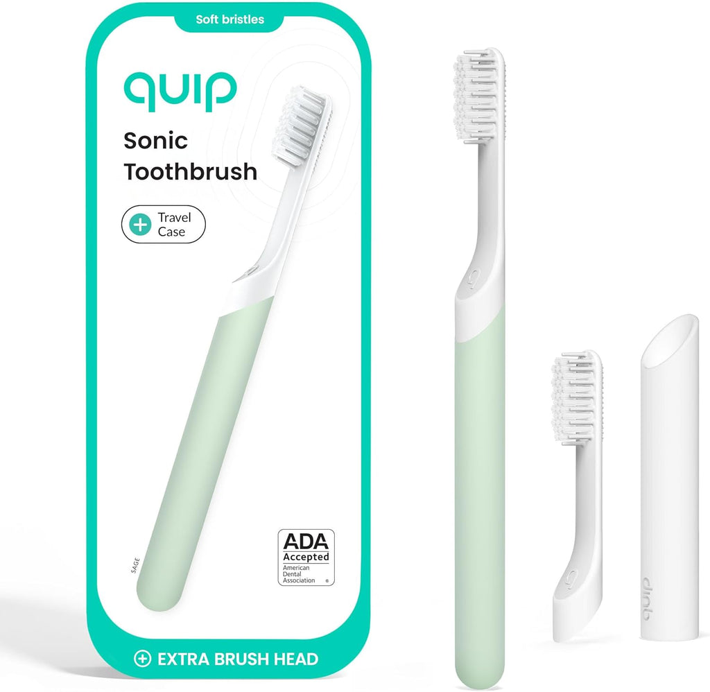 Quip Sonic Electric Toothbrush for Adults - Time Travel & Soft Bristles with Travel Case & Replacement Brush Head - 3 Month Battery Life, Plastic Handle - Sage
