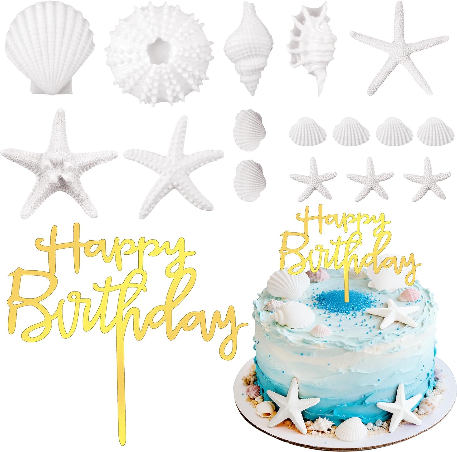 Seashell Cake Toppers 17PCS Starfish Conch Cake Topper Beach Seashell Cake Decorations Under the Sea Ocean Cake Cupcake Decorations for Birthday Baby Shower Wedding Ocean Nautical Theme Party