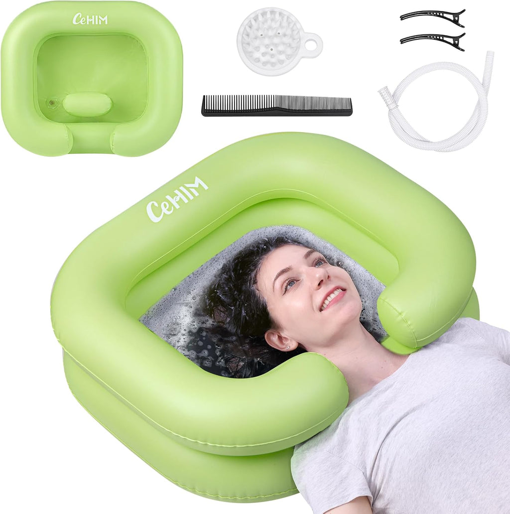 Inflatable Shampoo Basin - Portable Shampoo Bowl, Hair Washing Basin for Bedridden, Disabled,Injured, Hair Wash Tub for Dreadlocks and at Home Sink Washing (Green, 15in Inner)