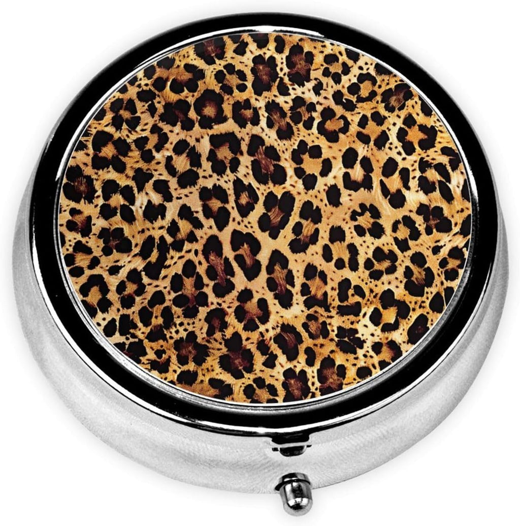 Cheetah Leopard Brown Print Round Metal Pill Box with 3 Compartment for Pocket or Purse Travel Bag Mini Small Size 2 inche