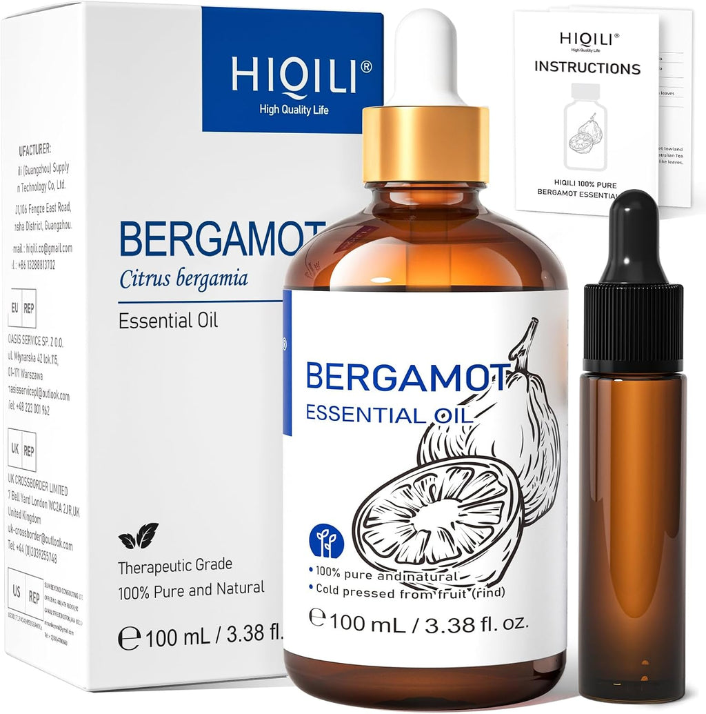 HIQILI Bergamot Essential Oil for Diffuser, Skin, Hair, DIY, 100% Pure & Natural - 3.38 Fl Oz (100 mL)