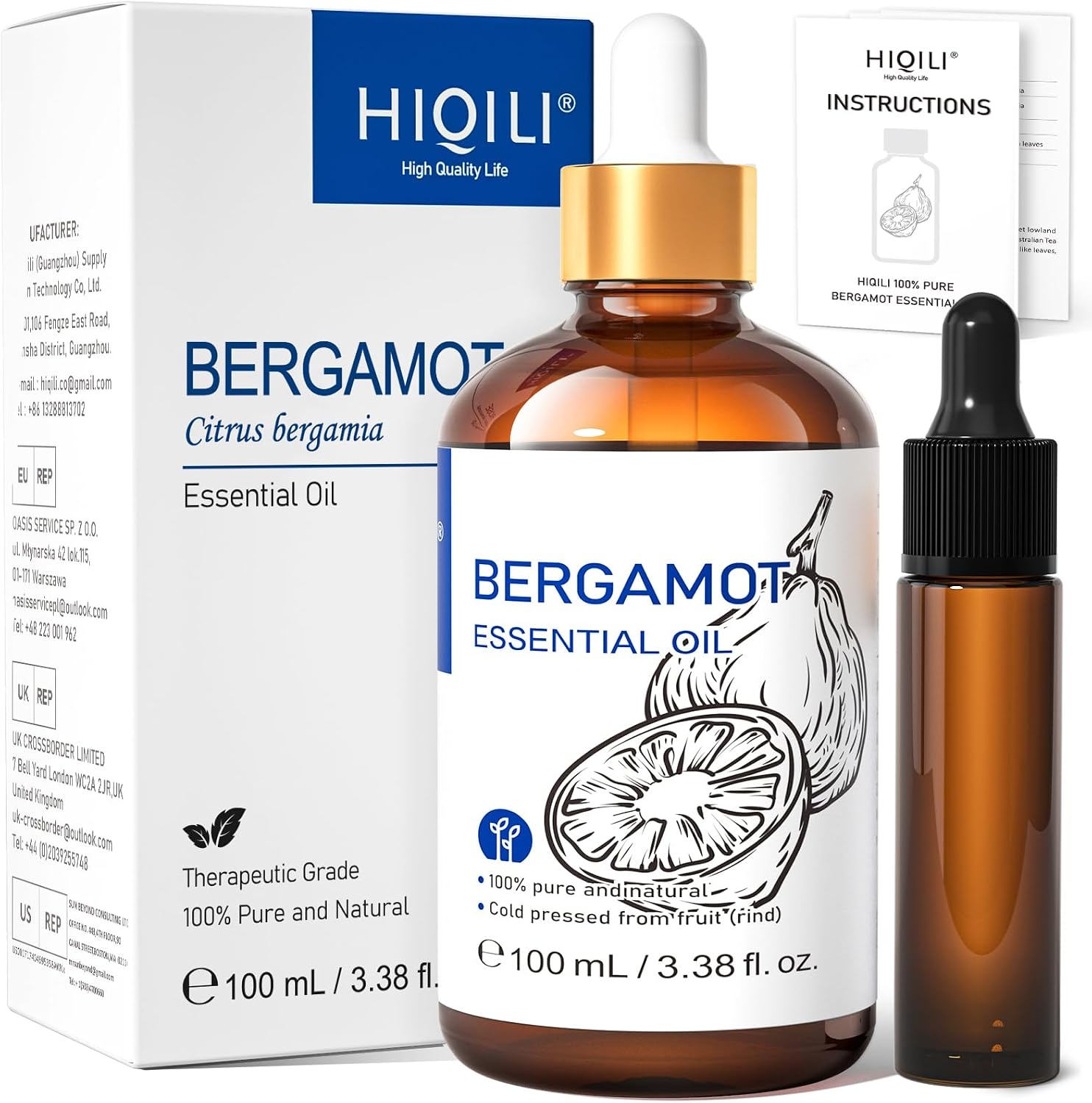 HIQILI Bergamot Essential Oil for Diffuser, Skin, Hair, DIY, 100% Pure & Natural - 3.38 Fl Oz (100 mL)