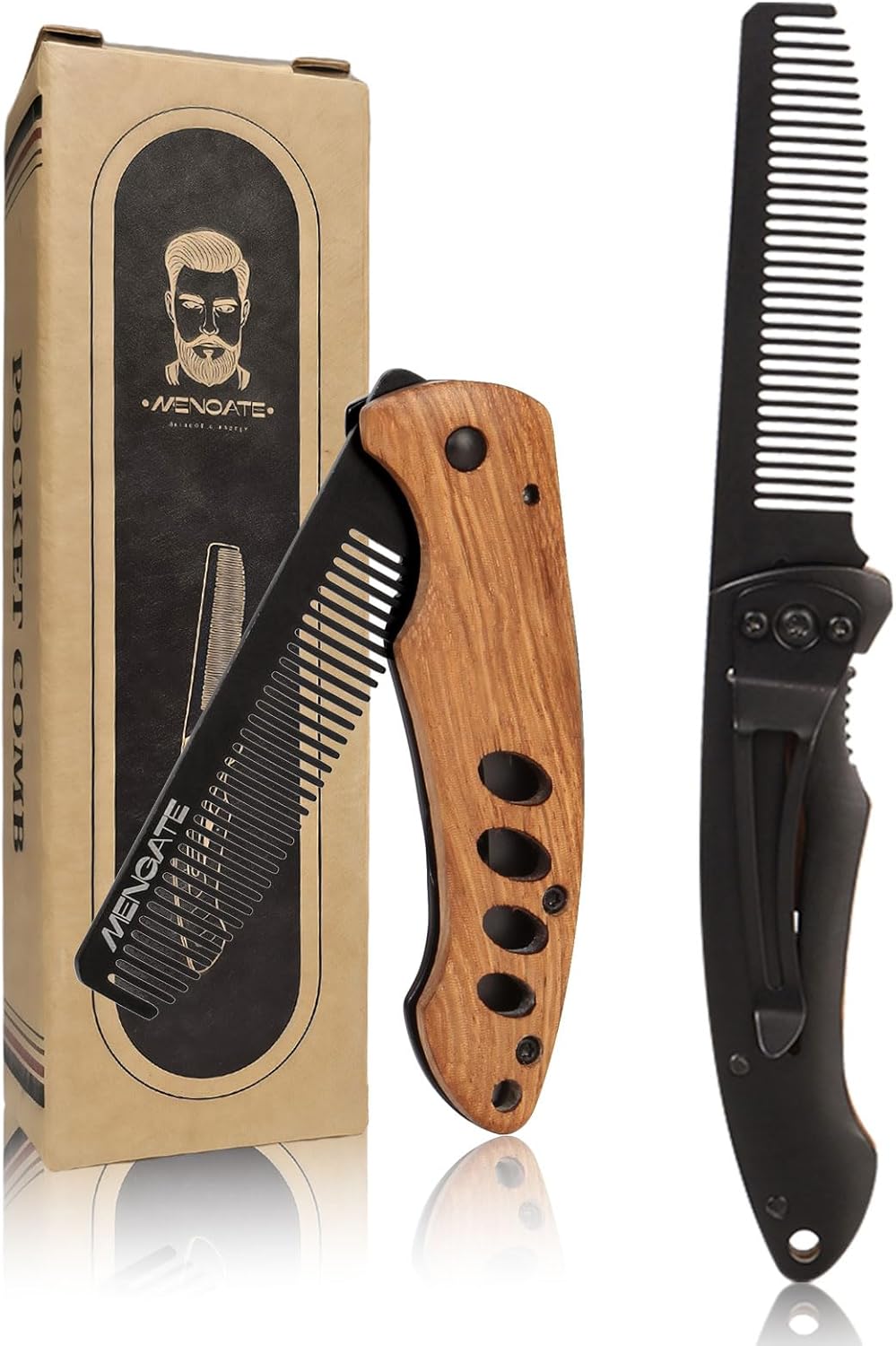 1PC Small Folding Pocket Beard & Mustache & Hair Styling Comb for Men - Metal Tactical Grooming Tool with Wooden Handle for Travel & Home Use - Idea for Stocking Stuffers - Length 6.57inch - Black