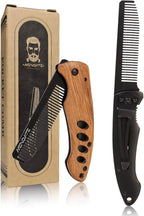 1PC Small Folding Pocket Beard & Mustache & Hair Styling Comb for Men - Metal Tactical Grooming Tool with Wooden Handle for Travel & Home Use - Idea for Stocking Stuffers - Length 6.57inch - Black