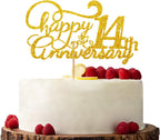 Happy 14th Anniversary Cake Topper, Cheers to 14 Years Birthday Cake Decor, Gold Glitter Cake Decorations for Fourteen Anniversary Wedding Party