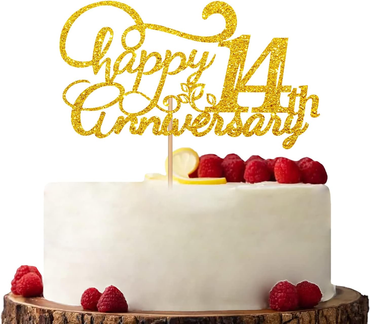 Happy 14th Anniversary Cake Topper, Cheers to 14 Years Birthday Cake Decor, Gold Glitter Cake Decorations for Fourteen Anniversary Wedding Party